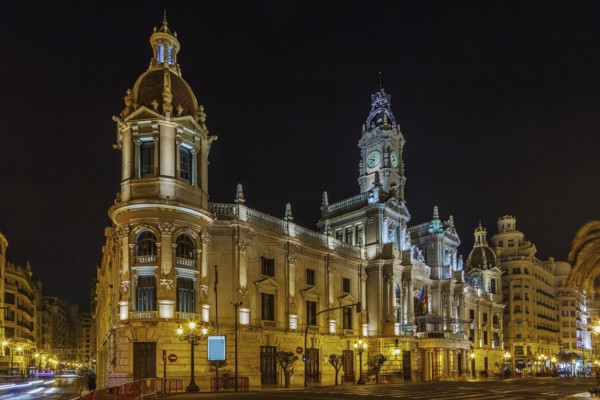 Valencia Town Hall (Ayuntamiento de Valencia) built in an eclectic style, Spain. Evening