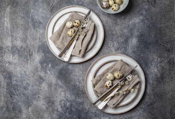 Food, Food, Easter festive table setting with quail eggs. top view
