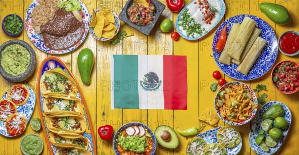 Food, Food, Mexican festive food for independence day independencia, around mexican flag. Top view, Yellow background