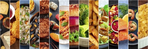 Food collage layout. A variety of dishes, a collection for a restaurant banner. International cuisine. Burger, salad and plates of Italian, Mexican, American cooked meals, Food photography, Food photography