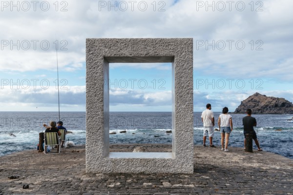 Garachico, Spain, August 2, 2021: Tensei Tenmoku minimalst monument in the old port of Garachico in Tenerife Island, Canary Islands, Europe