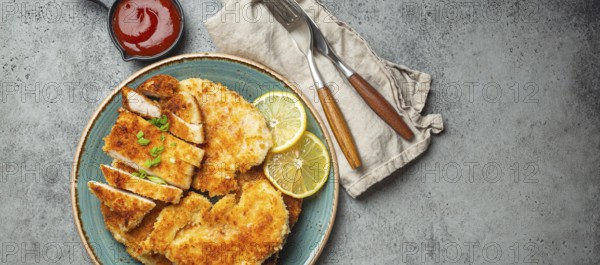 Crispy panko breaded fried chicken fillet with green salad and lemon cut on plate on gray background table with ketchup from above. Japanese style deep fried coated chicken breasts, space for text, food photography, food photography