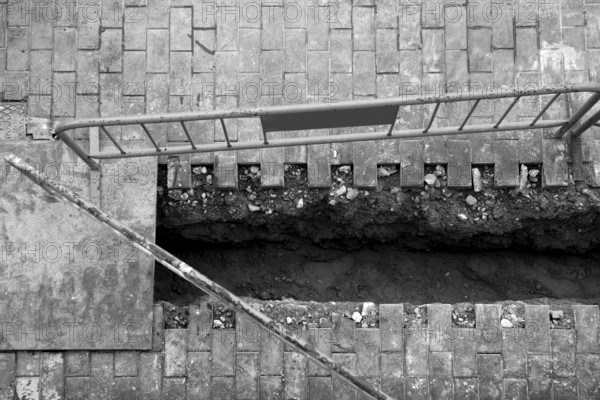 Urban civil construction, Spain, trench, black and white, Europe