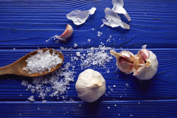 Garlic and salt spread on a blue wooden table with casual composition