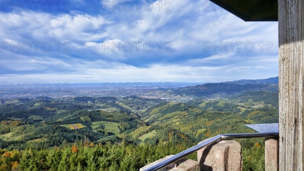 View from the Moosturm tower over Oppenau, the northern Black Forest to the Rhine plain and the Vosges mountains