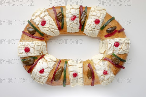 Rosca de Reyes, Three Kings Bread on a white table