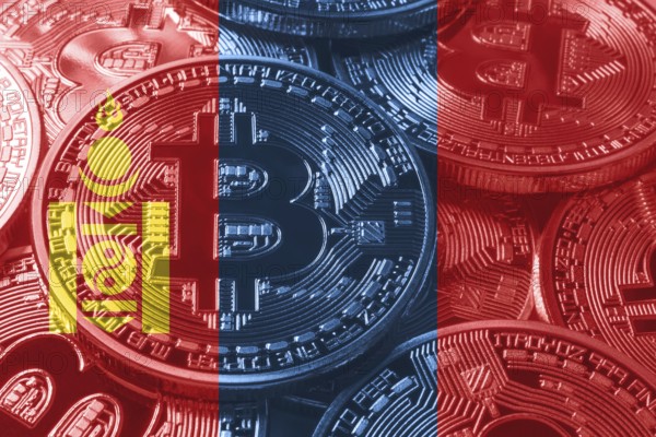 Mongolia bitcoin flag, national flag cryptocurrency concept black background