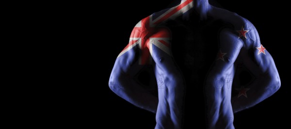 New Zealand flag on muscled male torso with abs, black background