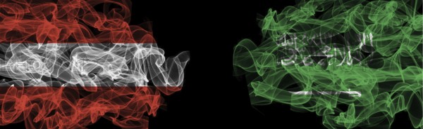 Flags of Austria and Saudi Arabia on Black background, Austria vs Saudi Arabia Smoke Flags