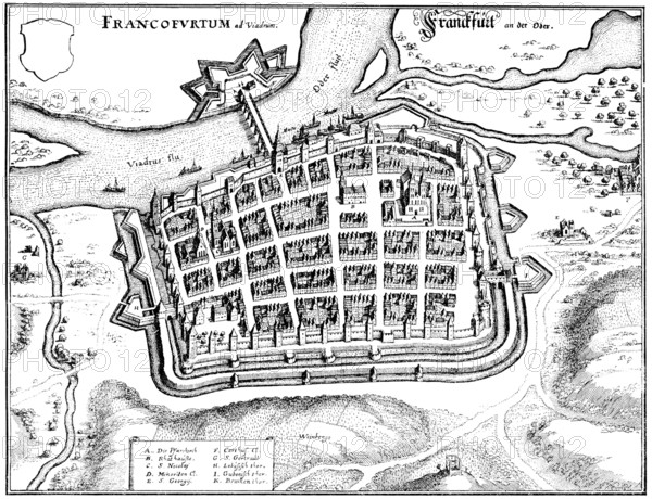 Panoramic view of Frankfurt / Oder, 17th Century, Germany, Europe, Historische Zeichnung, Stadtansicht von Frankfurt an der Oder, 17. Jahrhundert, Europe
