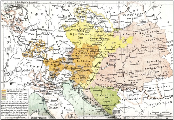 Historical map of Austria-Hungary, Dual Monarchy or kuk monarchy, for the period between 1867 and 1918, 19th Century, Historische Landkarte von Österreich-Ungarn, k. u. k. Doppelmonarchie oder Donaumonarchie, für den Zeitraum zwischen 1867 und 1918