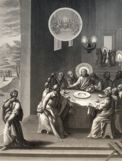 Judas Iscariot retiring from the Last Supper, New Testament, steel engraving 1853, digitally restored