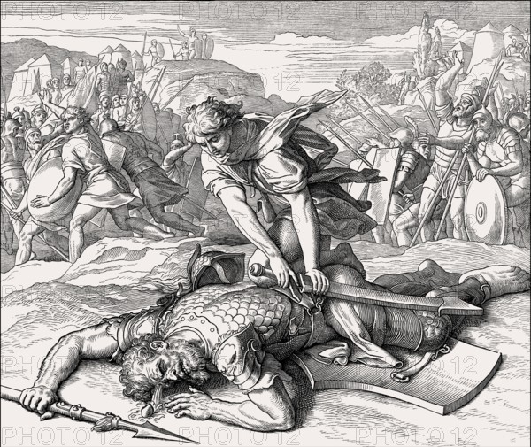 David killing the enemy champion Goliath, Old Testament, by Julius Schnorr von Carolsfeld