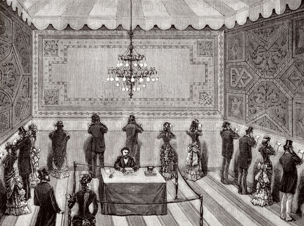 Das Théâtrophone, ein telefonisches Übertragungssystem, das von Clément Ader auf der Weltausstellung 1881 in Paris vorgestellt wurde