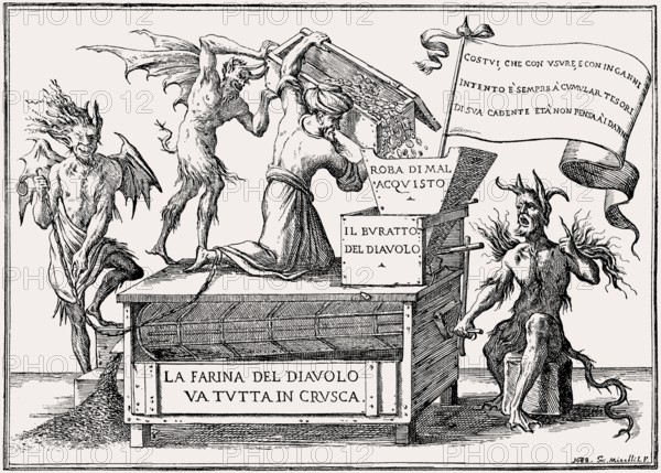 Allegory of avarice, devil's flour is all in bran, 1688, by Giuseppe Maria Mitelli, 1634, 1718
