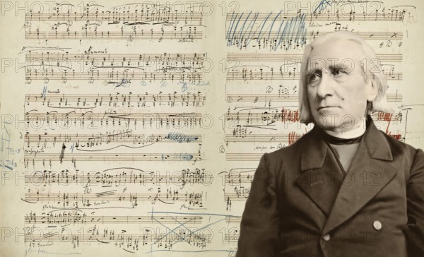 Portrait of Franz Liszt, 1811-1886, Hungarian composer, virtuoso pianist, Années de pèlerinage, suite for solo piano, manuscript in Liszt's handwriting