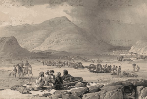 Afghan civilians, examine cannons after the escape of Dost Mohammed near Arghandeh, Afghanistan, First Anglo-Afghan War, sketch by James Atkinson, 1839, Asia