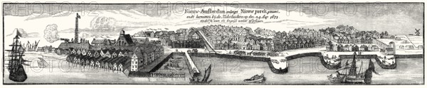 Old city view of New Amsterdam or New York City, USA, 17th century, North America
