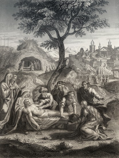 The Burial of Jesus, New Testament, steel engraving 1853, digitally restored