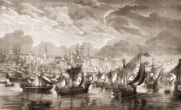 The fleet of the crusaders in front of Constantinople during the Fourth Crusade in 1203, Riva river, Turkey, Asia