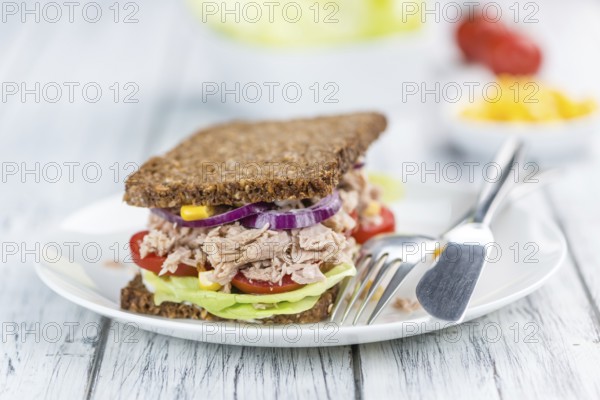Tuna sandwich with wholemeal bread (selective focus, close-up shot)