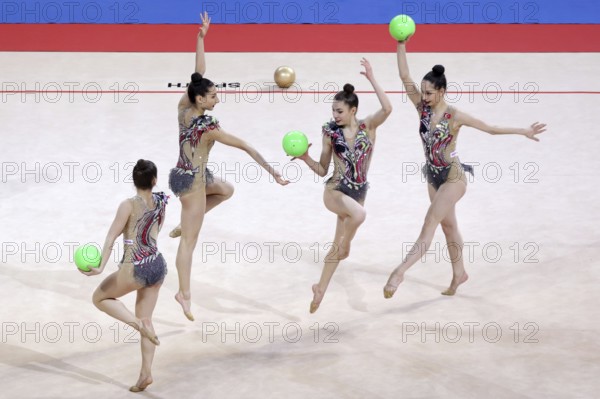 Sofia, Bulgaria - 26 March, 2021: Team Turkey perform during the 5 Balls group qualifications at the 2021 Rhythmic Gymnastics Sofia World Cup, Sofia, Bulgaria, Europe