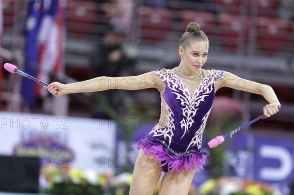 Sofia, Bulgaria - 6 May, 2017: Alesia Kolmonen from Finland performs during Rhythmic Gymnastics World Cup Sofia 2017. Individual tournament