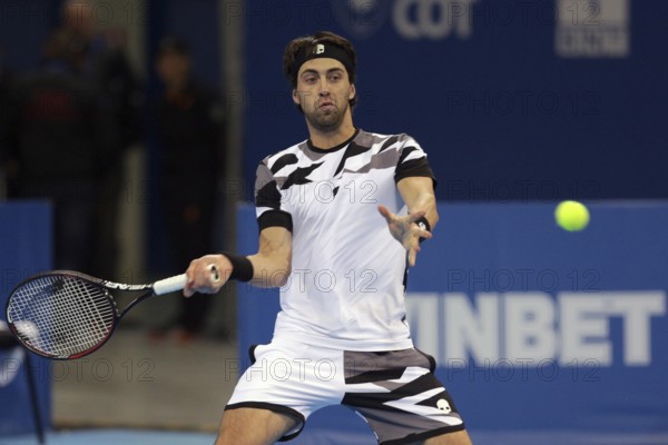 Sofia, Bulgaria - February 9, 2017: Nikoloz Basilashvili (pictured) from Georgia plays against Dominic Thiem from Austria during a match from Sofia Open 2017 tennis tournament