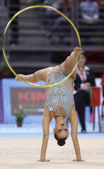 Sofia, Bulgaria - 1 April, 2018: Ekaterina Selezneva Russia performs with hoop during Rhythmic Gymnastics World Cup Sofia 2018. Individual tournament
