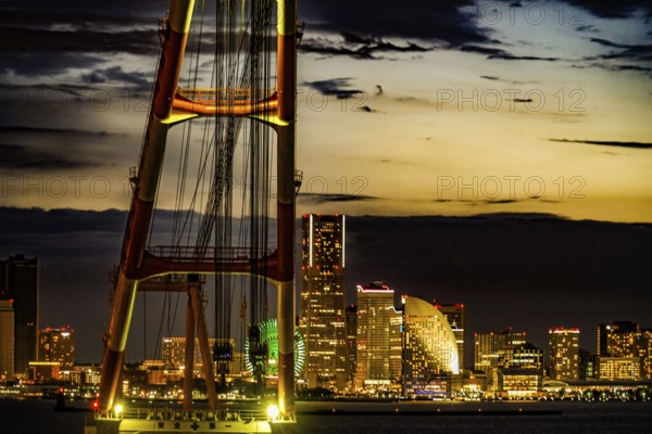 Maritime crane and Yokohama Minato Mirai skyline. Shooting Location: Yokohama-city kanagawa prefecture