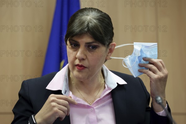 Sofia, Bulgaria: 11 June, 2021: European Union's Chief Prosecutor Laura Kovesi removes her face mask before a press conference, Sofia, Bulgaria, Europe