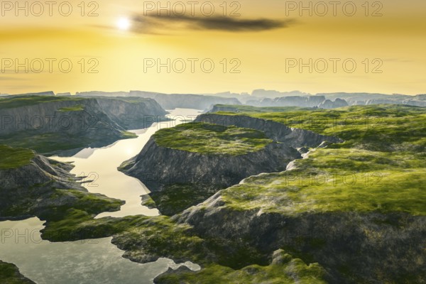 Beautiful fantasy landscape sunset scenery 3D illustration