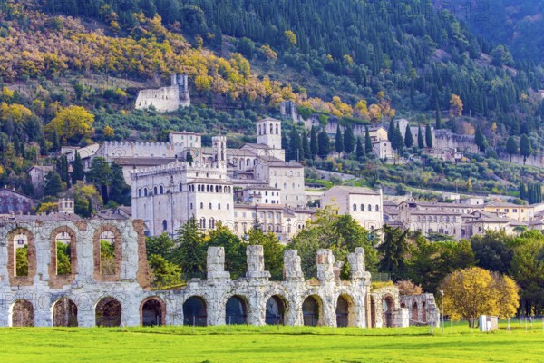 Italy. Roman amphitheater built two thousand years ago. Magnificent Renaissance palace. The city of Gubbio in the Umbrian mountains with a rich history and grandiose architecture