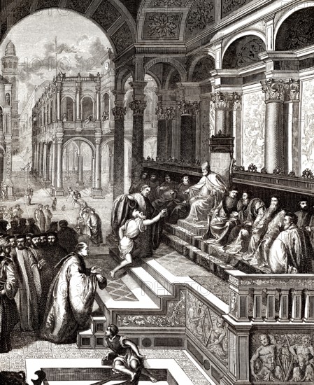 Die Legende von der Beruhigung des Meeres durch den heiligen Markus, ein Fischer bringt dem Dogen von Venedig den Ring des heiligen Markus