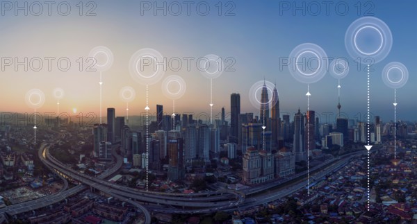 Panorama aerial view in the cityscape skyline with network connection concept, early morning sunrise scene