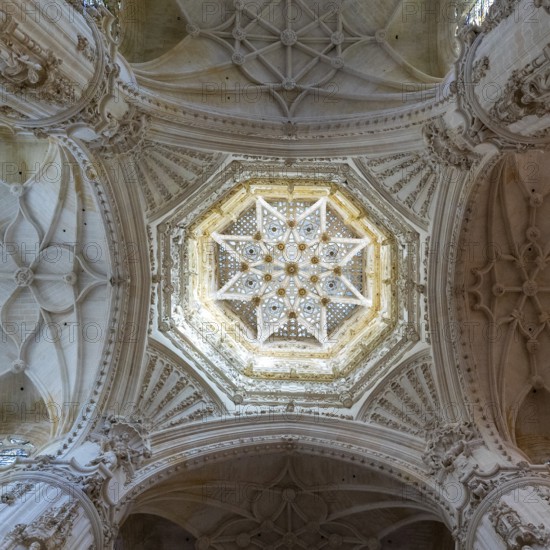 Burgos, Spain, 14 April, 2024: view of the ornate ceiling and cupola of the Constable Chapel in the historic Burgos Cathedral, Europe