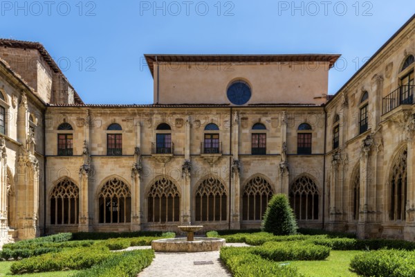 Ona, Spain, 5 August, 2020: Benedictine monastery of San Salvador de Oña in Burgos. Gothic cloister, Europe