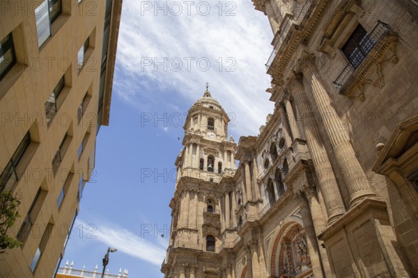 Malaga, Spain, May 24, 2019: Exterior view of the cathedral in the historic city center, Europe