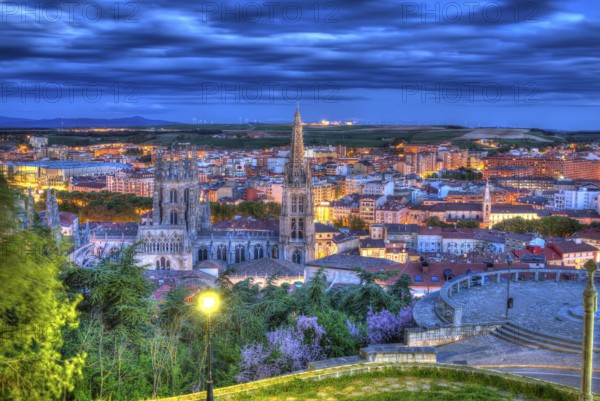 Burgos aerial view skyline sunset with Cathedral in Castilla Leon of Spain