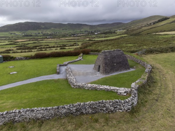Gallarus Oratory aerial view (Séipéilín Ghallarais), early Christian church, Dingle Peninsula, County Kerry, Ireland, United Kingdom, Europe