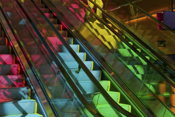 Colourful reflections on stairways, convention centre, Montreal, Province of Quebec, Canada, North America