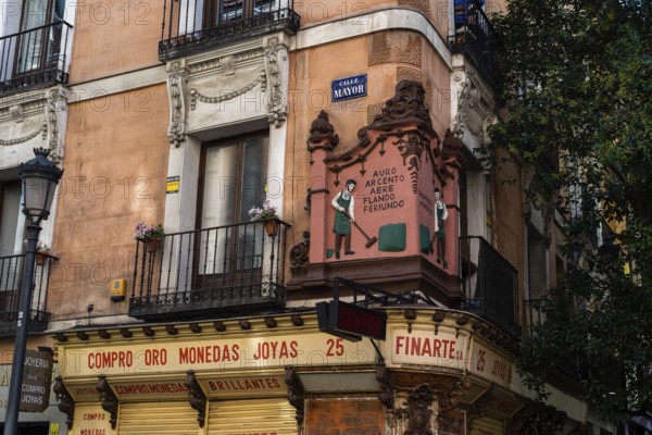 Madrid, Spain, October 11, 2020: Store window of a gold, coin and antique jewelry store, Europe
