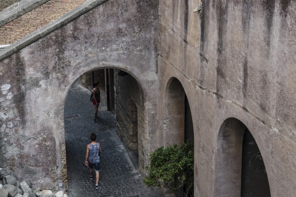 Rome, Italy, August 19, 2016: Tourists in Castel Sant Angelo. The Mausoleum of Hadrian, usually known as Castel Sant'Angelo is a towering cylindrical building in Rome, Europe