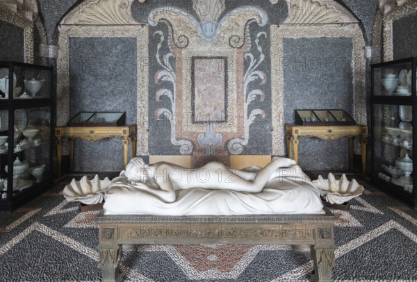 Isola Bella, Italy, 01 August 2023: Sleeping Venus by Giovanni Battista Monti, 1789, white marble, Greek style statue, Europe