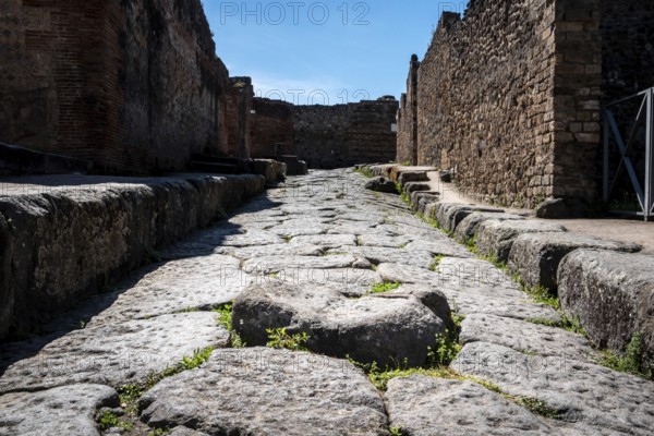 A crosswalk of a typical Roman road in the ancient city of Pompeii, Southern Italy