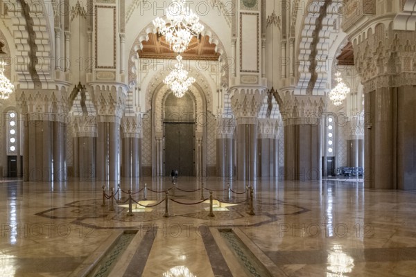Casablanca, Morocco, 29 March, 2024: view of the west portal and central hall of the Hassan II Mosque in downtown Casablanca, Africa