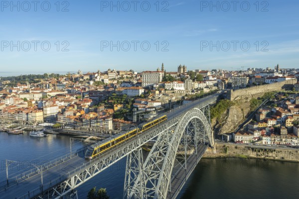 Porto City, Douro River and Dom Luis Bridge I with Tram in Morning. View from Tourist Viewpoint Miradouro da Serra do Pilar. Portugal