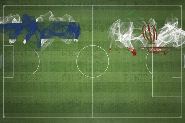 Finland vs Iran Soccer Match, national colors, national flags, soccer field, football game, Competition concept, Copy space