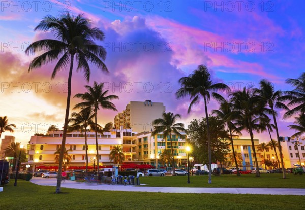 Miami Beach South Beach sunset in Ocean Drive Florida Art Deco