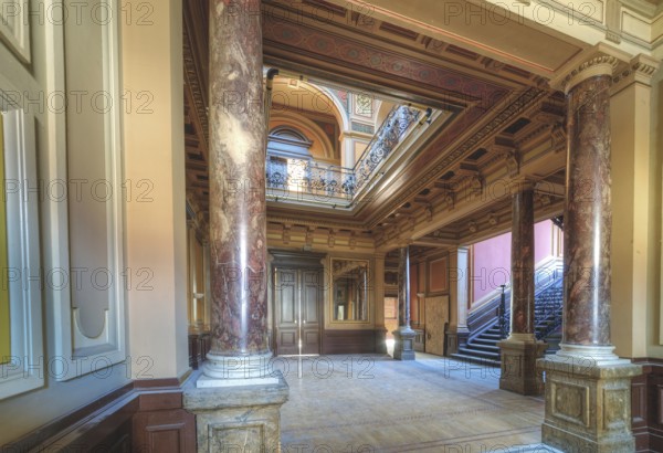An opulent entrance hall with wood panelling, columns and a colourful ceiling painting, Villa Woodstock, Lost Place, Brill, Wuppertal, North Rhine-Westphalia, Germany, Europe